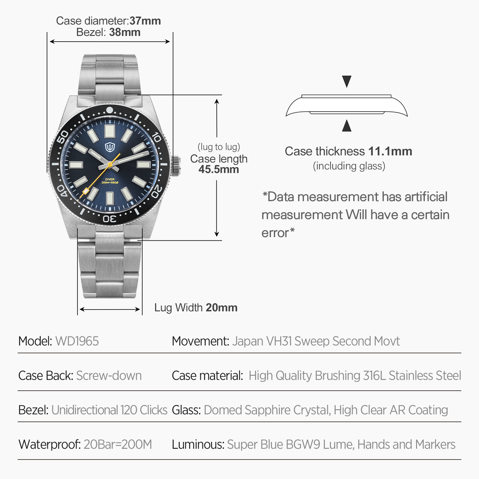 Watchdives 37Mm WD1965 V2 Man  - Jewellery Watch ulasan dan harga